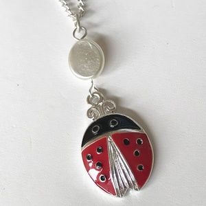 Silver Ladybug Necklace 24" X-Long Pearl Red Black